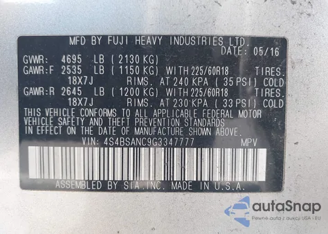 2016 Subaru Outback 2.5I Limited из США, поврежденный, VIN 4S4BSANC9G3347777